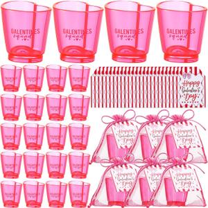 24 Set Galentine Day Gift Heart Shaped Shot Glasses Set 1.5 oz Plastic Drinking Cups with Galentine Greeting Cards for Valentines Friendship Women Party Favors(Fuchsia)