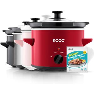 KOOC Small Slow Cooker, 2 Quart, Free Liners Included for Easy Clean-up, Upgraded Ceramic Pot, Adjustable Temp, Nutrient Loss Reduction, Stainless Steel, Red, Round