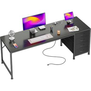 PRAISUN 63 Inch Computer Office Desk with Power Outelts and USB-C Port, Reversible Gaming Desk with 4 Fabric Drawers, Work Study Desk Work from Home, Black
