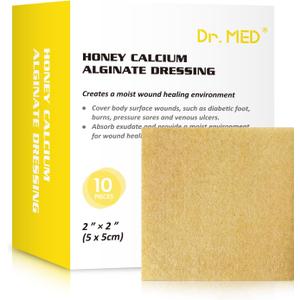 Dr. Med Manuka Honey Calcium Alginate Dressing 2"x2" (10 PCS/Box), Highly Absorbent dressings with Honey for Abrasions, Burns, Diabetic Foot, Pressure Sores and Venous Ulcers Faster Wound Care