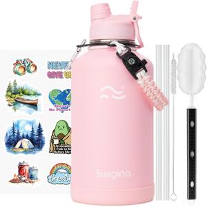 Swigina [2-IN-1 LID] 64 oz Insulated Water Bottle with Silicone Boot (48hrs Cold/24hrs Hot) - DIY Stickers, Leakproof, BPA Free, Half Gallon, Pink