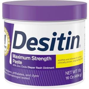 Desitin Maximum Strength Baby Diaper Rash Cream, 40% Zinc Oxide for Treatment, Relief & Prevention, Hypoallergenic, Phthalate- & Paraben-Free Paste, Protects Skin For Up To 12 Hours, 16 oz
