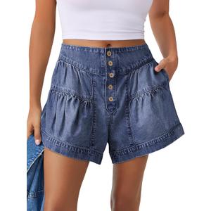 ANRABESS Women's Denim Shorts Summer Baggy High Waisted Flowy Wide Leg Buttons Pleated Casual Jean Shorts 2026 Fashion Skorts (X-Large, Blue)