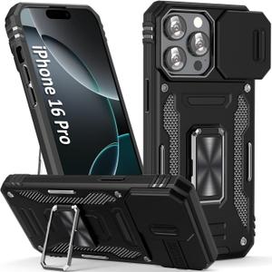 Case for i Phone 16 Pro Phone Case 16 Pro Case with Camera Cover, with Ring Holder Kickstand, with Magnet Car Mount Function, for iPhone 16 Pro (Black) (iPhone 16 Pro 6.3 inch)