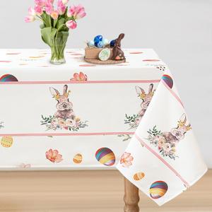 Easter Square Tablecloth, 60 x 60 Inch Waterproof Colorful Eggs and Cute Bunny Washable Spring Flower Table Cover for Holiday Dinner,Party Decor