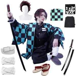 Full Set Men Anime Cosplay Costume For Tanjiro Party Role Costume Kimono Outfit Including Shoes Wig Sword (Large)
