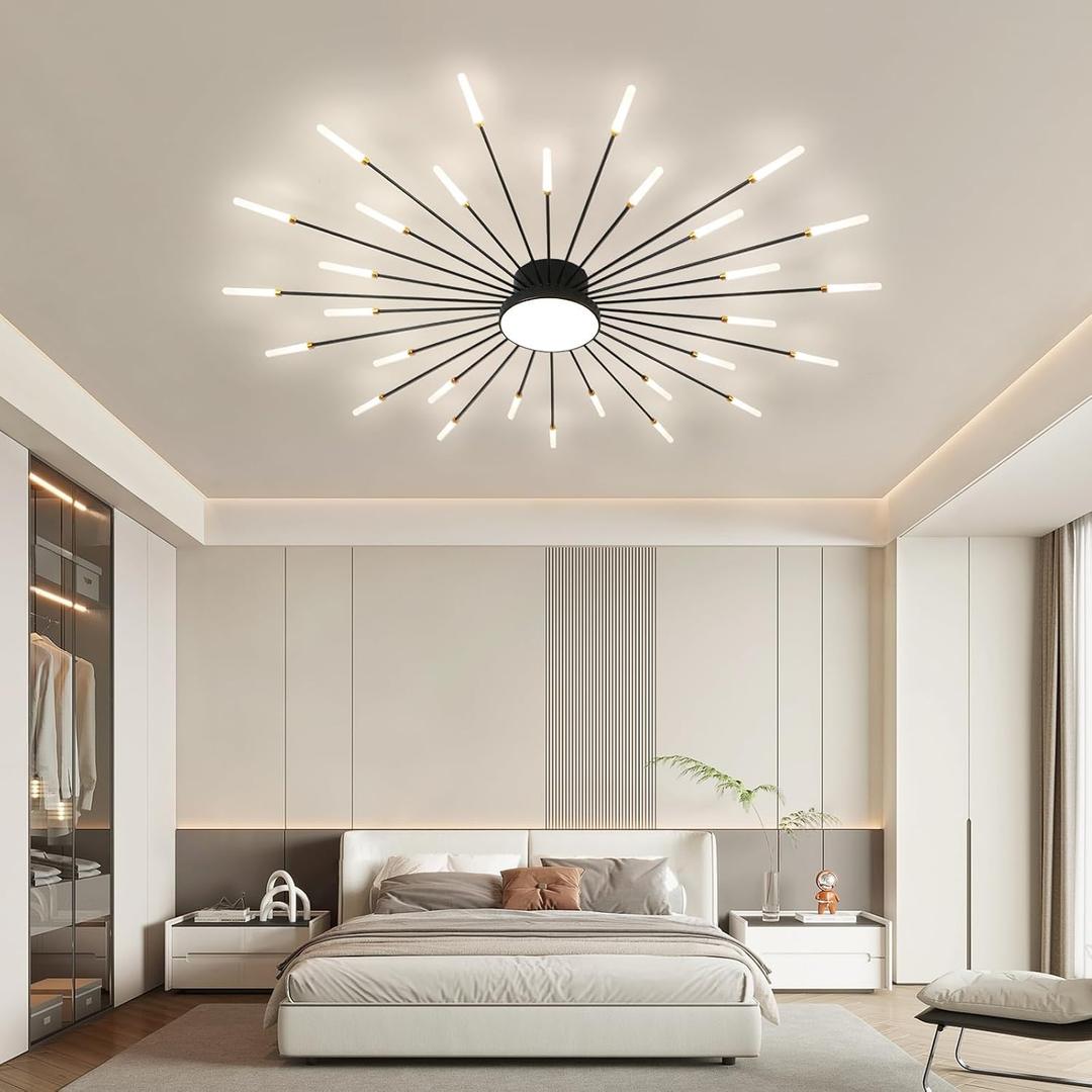 JAYMP 50.4" Ceiling Light Modern Flower Shape Ceiling Lamp for Living Room Dining Room Semi Flush Mount Metal Acrylic Sputnik Firework Petal LED Lighting Fixture (Matte Black, D50.4xH4.3inch), 50.4in