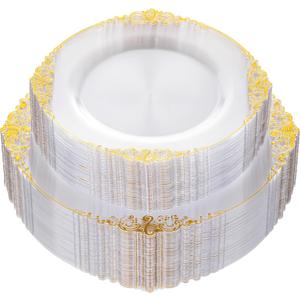 Nervure 100Pcs Clear and Gold Plastic Plates - Heavyweight Gold Disposable Plates - Plastic Plates Include 50Pcs 10.25inch Dinner Plate & 50Pcs 7.5inch Dessert Plate for Wedding & Party
