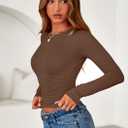 PRETTYGARDEN Womens Long Sleeve Shirts 2026 Fall Trendy Crewneck Slim Fit Asymmetrical Going Out Tops Ruched Tee Y2k Clothes (Brown, XL)