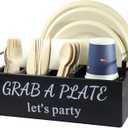 Paper Plate Holder, Utensil Caddy Organizer, Wood Paper Plate Dispenser, Silverware Caddy Holder, and Disposable Coffee Bar Accessories Box for Kitchen Counter, Party, Camping, Picnic (6 compartment)