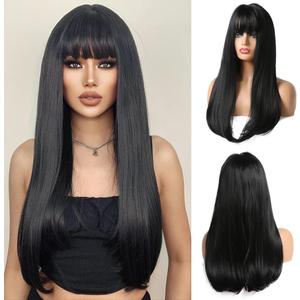 Esmee Long Straight Black Wigs for Women Natuaral Synthetic Layered Hair Brunette Wig with Fringe for Daily Party Cosplay Use-26 Inches