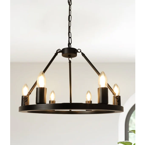 Depuley 6-Light Black Farmhouse Wagon Wheel Chandelier, Industrial Iron Kitchen Island Chandelier Light Fixture Hanging, Round Ceiling Pendant Light