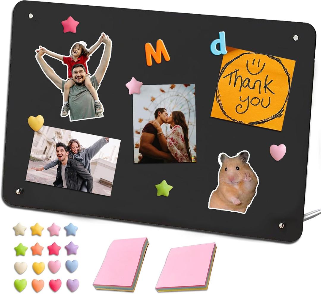 Desk Magnetic Message Board with Stand,11 x 7.9in Magnet Photo/Memo Display Board with Cute Fridge Magnets,Sticky Notes,for Home School Kitchen Office Desk Accessories (Black)