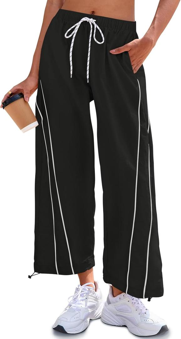 Fisoew Womens Baggy Wide Leg Pants Casual Elastic Waist Drawstring Hiking Workout Cropped Track Pants with Pockets Black (Black, L)