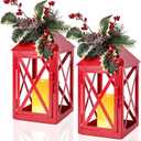 Christmas Lanterns Decorative Outdoor, Waterproof 14.2" Decorative Christmas Red Lantern Indoor Decor Metal Hanging Candle Holder LED Flameless Candle Lantern for Patio, Porch, 2 Packs