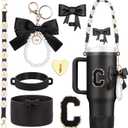 7Pcs Black Stanley Cup Accessories for 40Oz 30Oz 20Oz, Women Teen Girls Gifts, Stanley Tumbler Cup Decoration with Straw Topper, Bow Charm, Silicone Boot, Handle Strap, Letter Sticker C