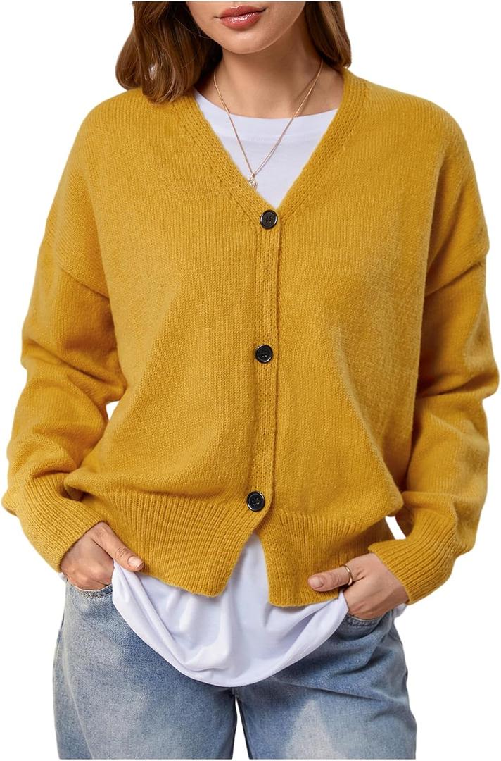 GORGLITTER Women's Button Up Sweater Cardigans Long Sleeve V Neck Oversized Knitwear Tops (Yellow) Large