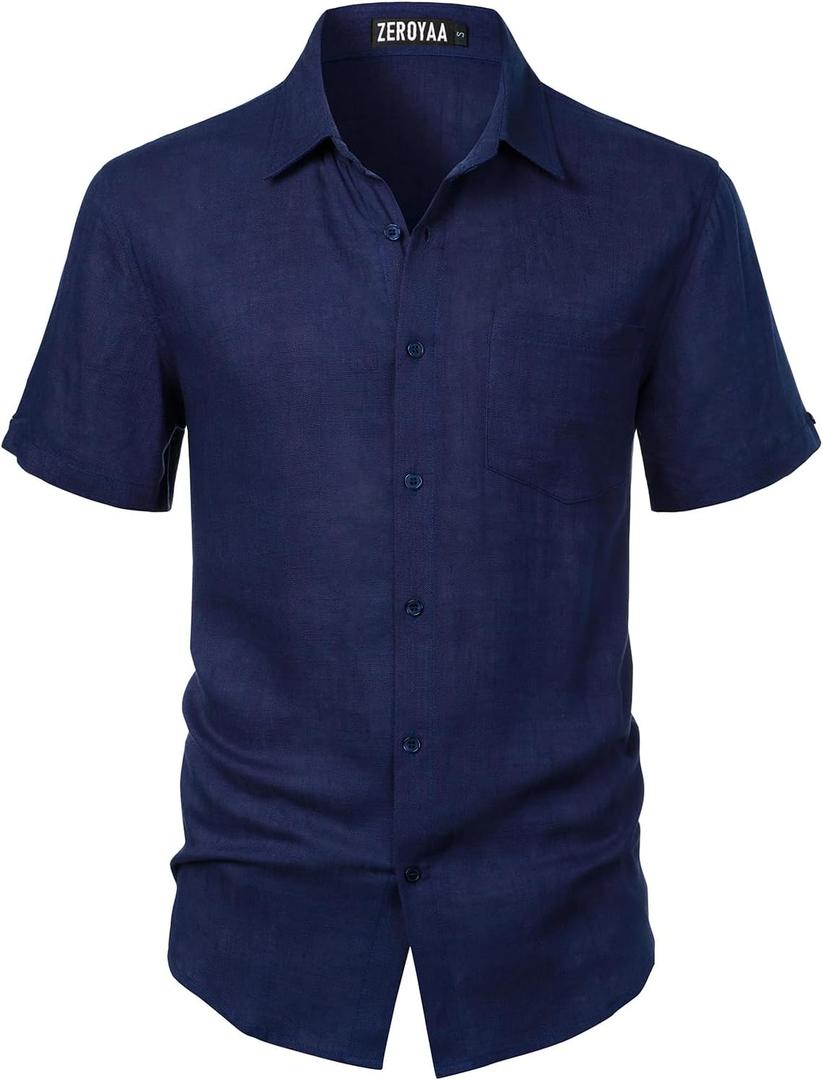 ZEROYAA Men's Linen Shirts Short Sleeve Summer Casual Button Down Beach Shirt with Pocket (XL)