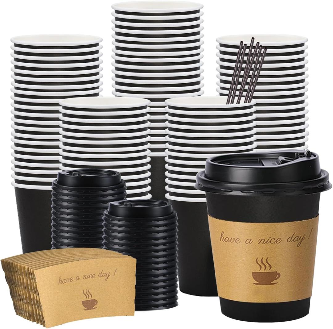BYSNOW 100 pack 10 oz Thickened Coffee Cups with Lids, Scald Resistant Hot Cups with Sleeve and Straw, To Go Coffee Cups for Home, Office, Cafes and Party (Black 10oz)