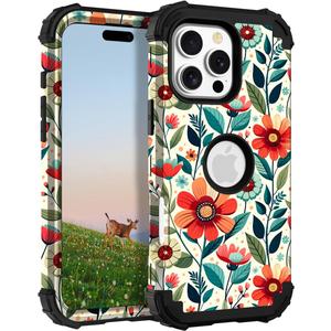 TEECOVER for iPhone 16 Pro Case, Heavy-Duty Shockproof Full Protection Hard Plastic Bumper + Soft Silicone Rubber Protective Case for iPhone 16 Pro - 6.3-Inch, Red Flowers
