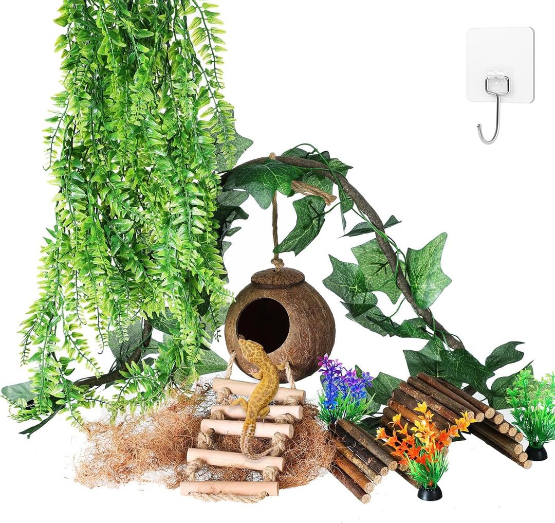 HERCOCCI Crested Gecko Tank Accessories, Reptile Hanging Plants Vines with Coconut Shell Ladder Hideout Hermit Crab Decor for Lizard, Chameleon Cage, Snakes, Hermit Crab, Leopard Gecko