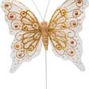 Set of 12 Glitter Monarch Feather Butterflies on Wire for Floral Arrangements and DIY Decorations (Gold)