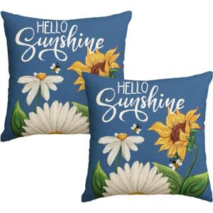 2 x AVOIN colorlife Hello Sunshine Daisy Sunflower Bee Throw Pillow Covers, 18 x 18 Inch Summer Party Holiday Blue Cushion Case Decoration for Sofa Couch Set of 2