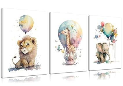 3pcs Cute Nursery Balloon Animal Canvas Wall Art Watercolor Giraffe Lion And Elephant Posters Prints Safari Animal Wall Decor Pictures for Kids Room Boys And Girls Home Decoration Unframed