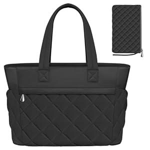 Tote Bag for Women, 15.6 Inch Laptop Bag, Large Quilted Work Shoulder Bag Ultra Lightweight Puffer Handbag for Travel (23L, Black)