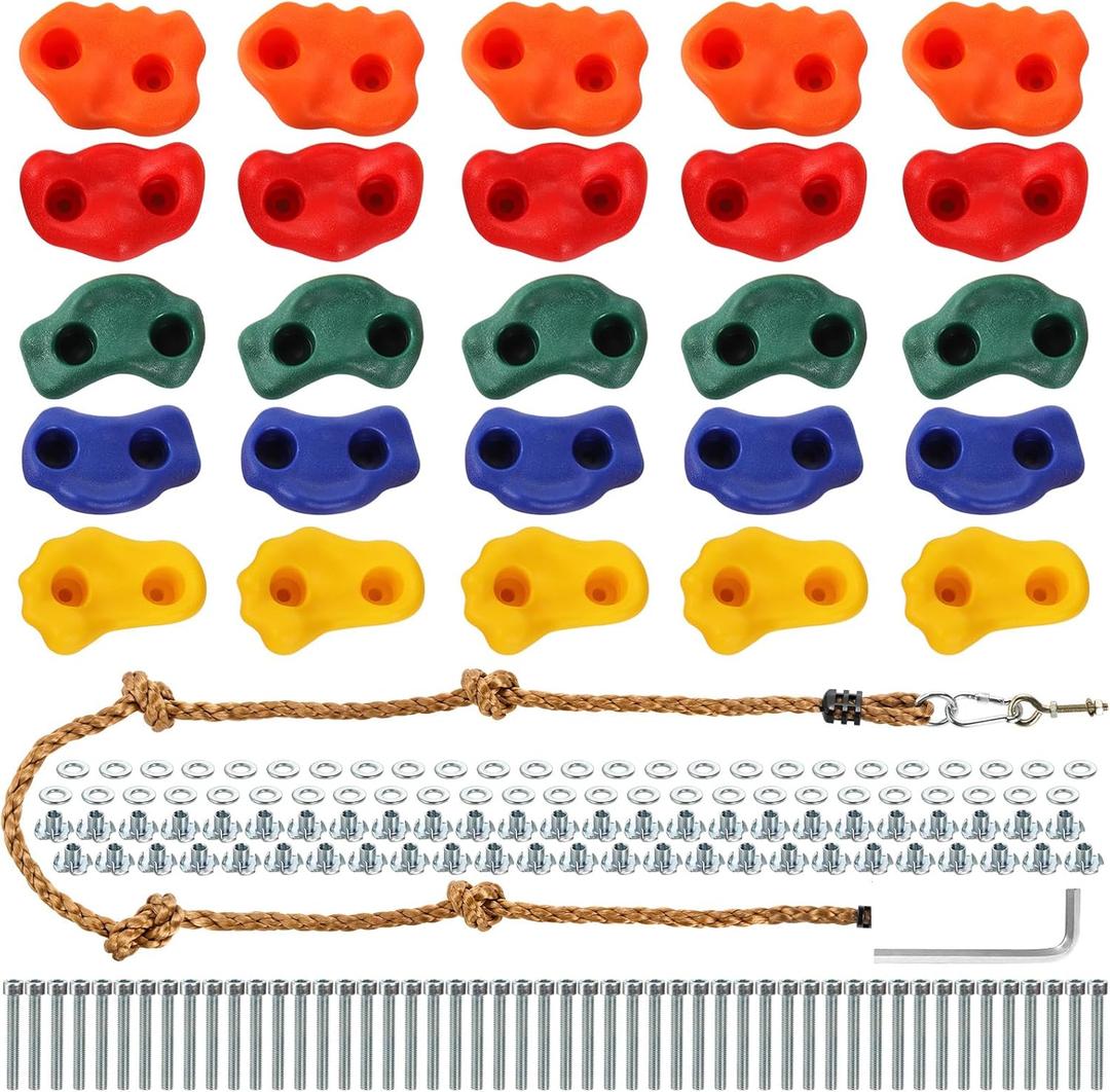 ZENFUN 25 Packs Rock Climbing Holds for Kids and Adults, Indoor & Outdoor Rock Wall Climbing Kit, Multi-Colored Climbing Rock Wall Grips with Mounting Hardware, Knotted Rope and 25 Handles