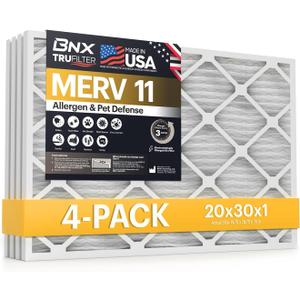 BNX TruFilter 20x30x1 Air Filter MERV 11 (4-Pack) - MADE IN USA - Allergen Defense Electrostatic Pleated Air Conditioner HVAC AC Furnace Filters for Allergies, Dust, Pet, Smoke, Allergy MPR 1200 FPR 7