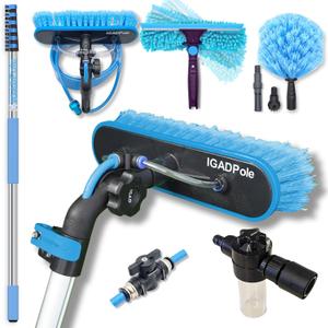 24ft IGADPole Washing Kit: Water-fed Brush, Cobweb Duster and 10 Squeegee and Soap Dispenser, with 6-Stage Telescoping Pole 5-24ft Pole