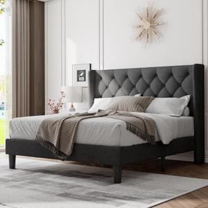 Feonase Queen Size Bed Frame with Diamond Tufted Wingback Headboard, Morden Upholstered Platform Bed, Sturdy Wooden Slats Support, Noise-Free, No Box Spring Needed, Easy Assembly, Dark Gray