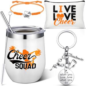 Irenare 4 Pcs Orange Cheerleader Gifts Cheer Stuff 12 oz Stainless Steel Tumbler Cup Makeup Bag Keychain Bracelet Set Christmas Gift Bulk for Cheerleader Coach Girls Women Sports Team Accessories