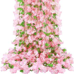 6Pcs 50.5FT Artificial Cherry Blossom & Grape Leaf Garland Set – Silk Pink Cherry Blossom Vines with Greenery for Wedding, Party, Home, and Spring/Summer Decor