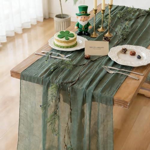 Keketoarrange Forest Green St. Patrick's Day Table Runner Gauze Rustic Cheesecloth 120 Inch 10 FT for Wedding Baby Shower Bridal Shower Birthday Party Sheer Boho Spring Easter Home Decorations