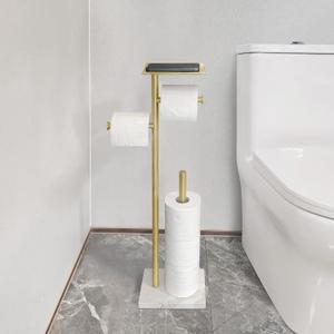 GZILA Brushed Gold Toilet Paper Stand Holder with Shelf, Marble Design Base Free Standing Toilet Paper Roll Holder with 2 Dispenser SUS 304 Stainless Steel Reserve, Storage 5 Rolls