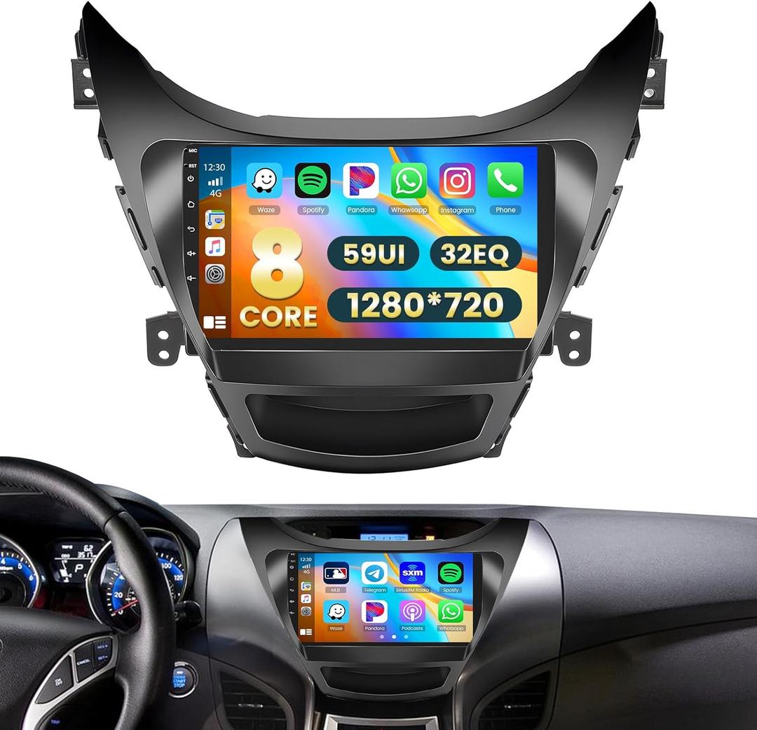 8 Core Car Radio Stereo for Hyundai Elantra 2011 2012 2013 with Wireless CarPlay Android Auto 2+64G 9 Inch Touch Screen for Elantra Dash Kit with 32EQ 59UI
