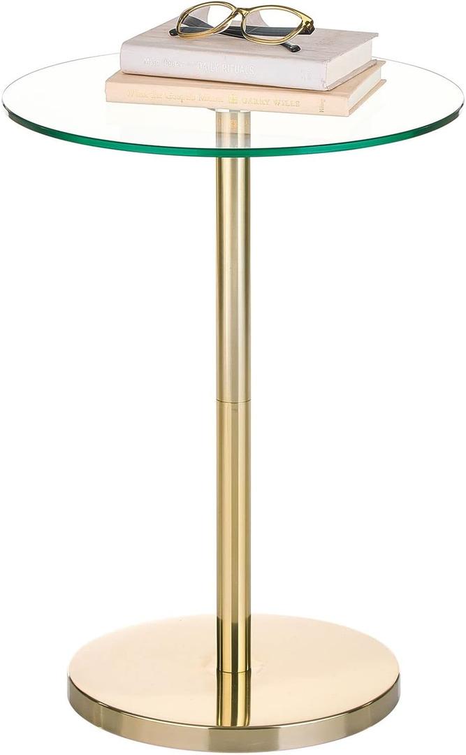 mDesign Glass Top Side/End Drink Table - Tall Modern Round Accent Metal Nightstand Furniture for Living Room, Dorm, Home Office, and Bedroom - 16" Round - Clear/Soft Brass