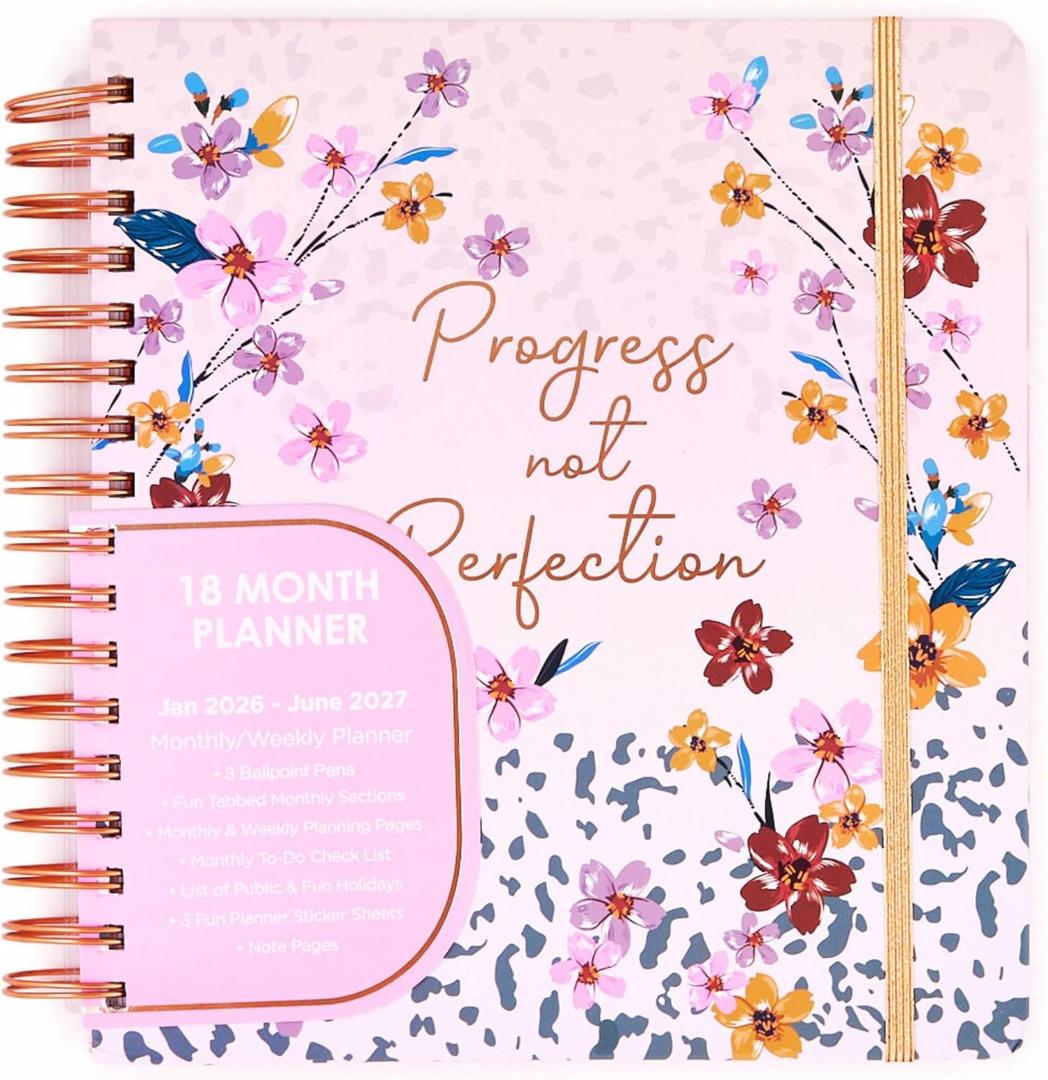 Votum 18 Month Hard Cover Planners/Calendars 10" x 10", January 2026 - June 2027 - Daily, Weekly & Monthly Organizer with Pens, Stickers, Sticky Notes, and a Sturdy Cover - Progress Not Perfection