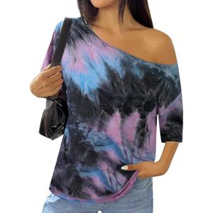 SOFIA'S CHOICE Women's Summer Off the Shoulder Tops Tie Dye Shirts Short Sleeve Oversized Tshirts Black Purple Small (Small)