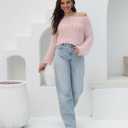 2025 Fall Cropped Sweater for Women Off The Shoulder Pullover Fluffy Knit Fashion Crop Top Holes Design (Pink, L)