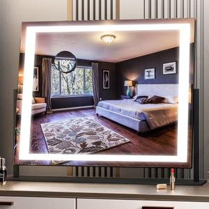 Hasipu Vanity Mirror with Lights, 24.2" x 19.7" LED Makeup Mirror, Light up Mirror with 10X Magnification, Smart Touch 3 Colors Dimmable, 360 Rotation (Right Angle Black)