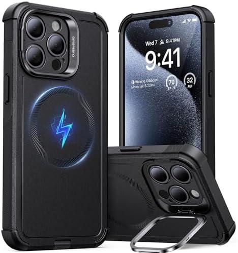 ESR for iPhone 15 Pro Case with Stand, 23 ft Military-Grade Drop Protection, Heavy Duty Magnetic Phone Case, Compatible with MagSafe Accessories, Cyber Series, Black