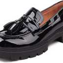 British Style Women's Fashion Loafers, Patent Leather Tassel Loafers, Black Thick-Soled Loafers, Slip-on Thick-Soled Loafers, Simple Casual Flat Shoes, Plus Size Shoes. (7)