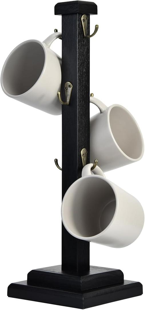 EMASON Rustic Coffee Mug Tree Stand, Solid Wood Holder for 6 Mugs, Space-Saving Kitchen Organizer, Stylish and Sturdy Cup Display Rack, Black