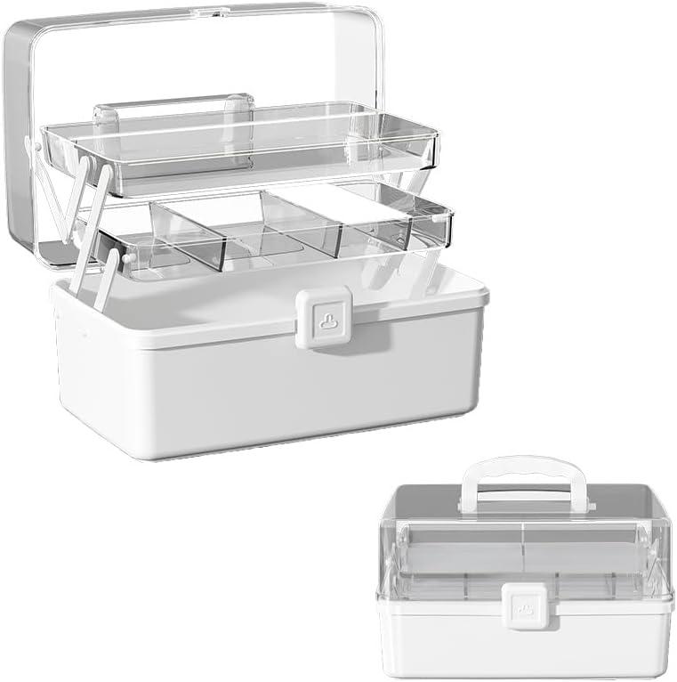 12.9in Three-Layer Multipurpose Storage Box with Handle Portable Tackle Box Folding Art & Craft Case Sewing Supplies Organizer for Makeup, Medicine, Nail, Hair Accessories (White)