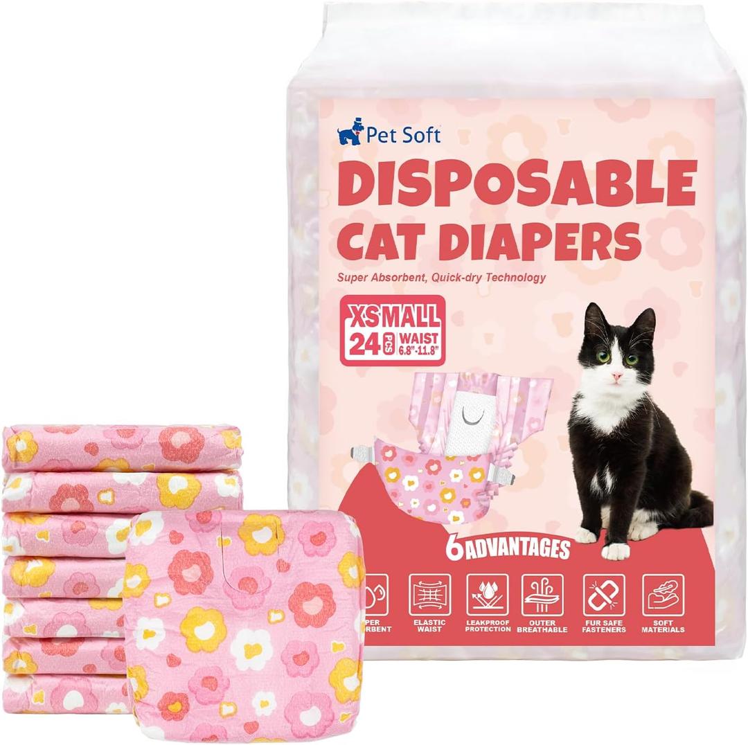 Pet Soft Disposable Cat Diapers - Diaper for Female & Male Cats, Puppy Diapers Super Absorbent, Fit for Dogs in Heat Period or Urine Incontinence, 24pcs (XS, Pink) (X-Small (24Counts))