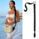 Long Braid Ponytail Extension with Elastic Tie Straight Sleek Wrap Around Braid Hair Extensions Ponytail Natural Soft Synthetic Hairpiece Black 34 Inch (After Braided 30 Inch)