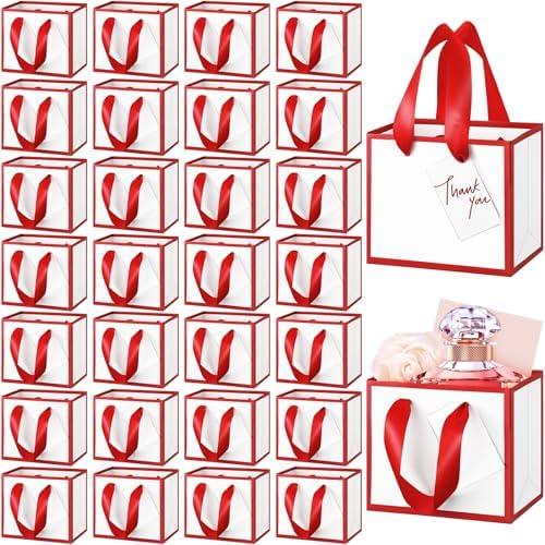 Yeaqee 50 Pcs Mini Metallic Foil Gift Bags with Handles 4x4.75x2.25'' Tiny Thank You Favor Bag Bulk with Tag for Back to School Wedding Baby Shower Birthday Summer Party(White, Red)
